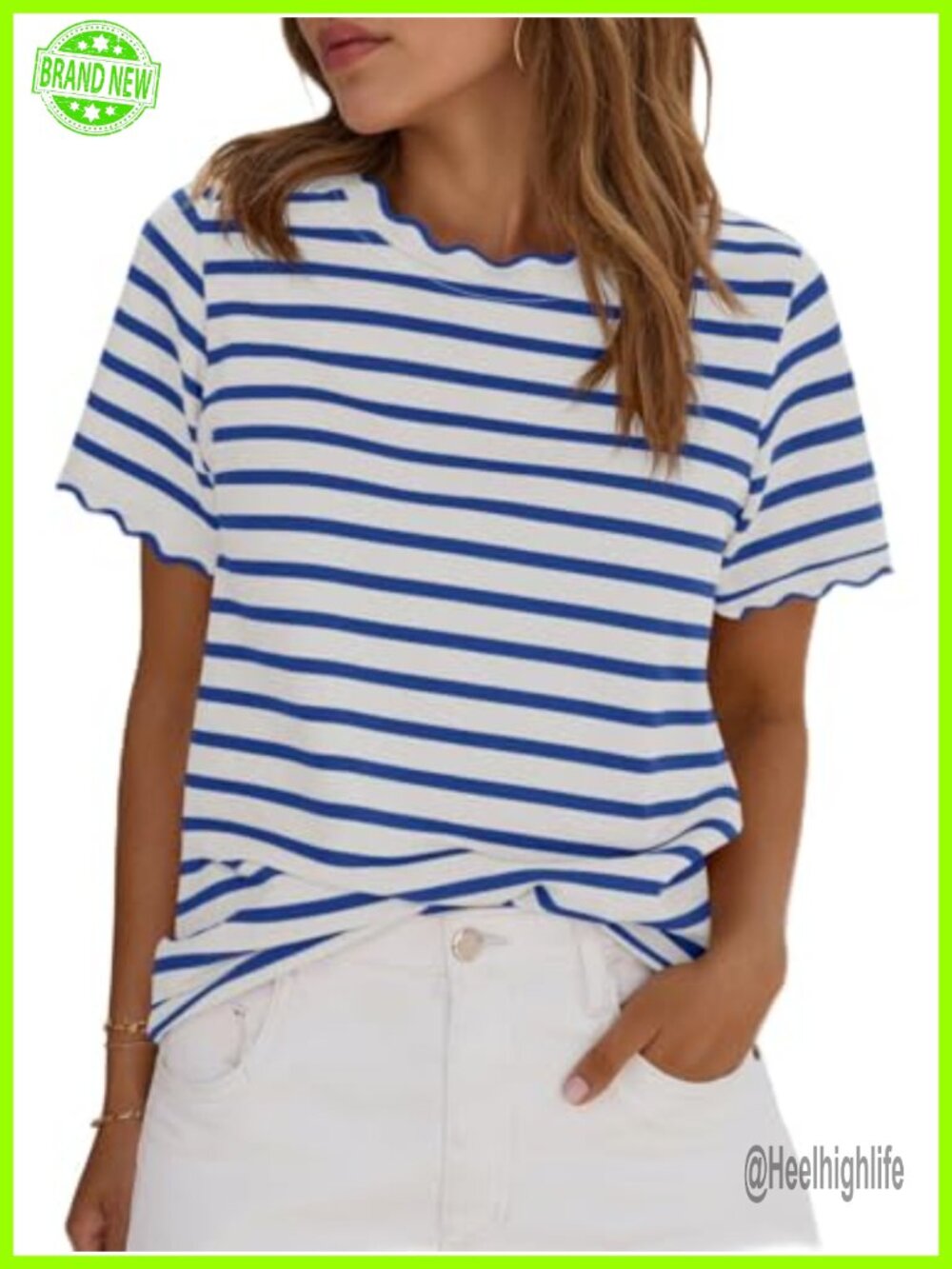 Womens Short Sleeve Striped Colorblock Scalloped Trim Crew Neck T-Shirt